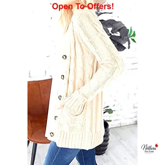 Chunky Cable Knit Cardigan Long Sleeve Button Front Pocket Casual Sweater - Picture 2 of 4